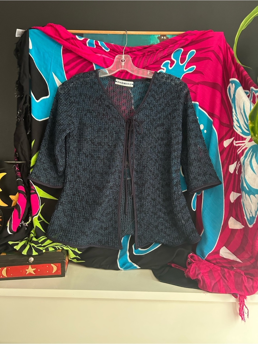 Point Zero Nicole Benisti Black Metallic Mesh Tie Front Cardigan Y2K Sheer Top - Picture 4 of 11